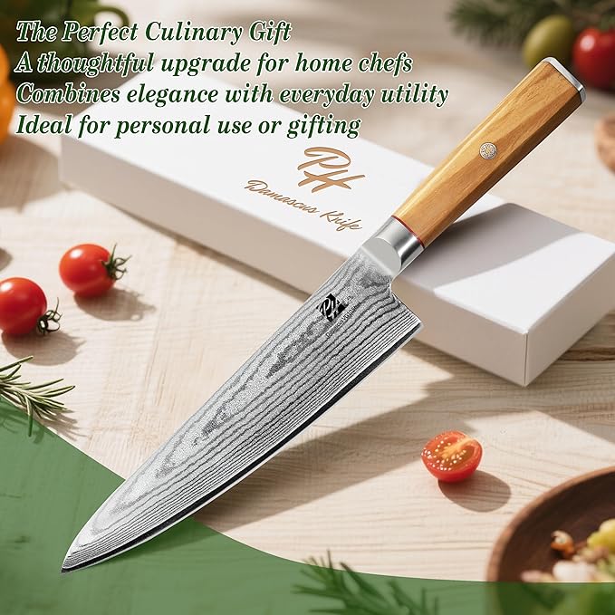 Damascus Chef Knife, 8 Inch Damascus Japanese Chef's Knife with VG10 High Carbon Steel, Professional Kitchen Knife with Olive Wood Handle & Gift Box, Sharp Cooking Knives for Home Kitchen Gift Idea
