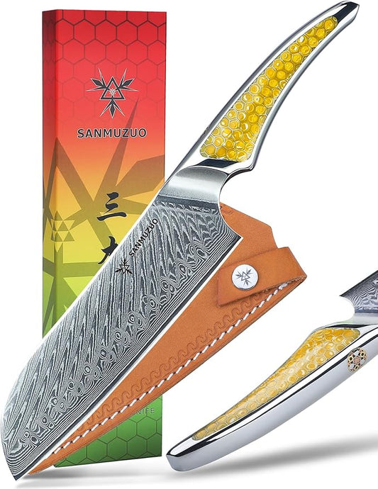 7 inch Santoku Knife, Japanese VG-10 Damascus Steel Chef Knife, Ultra Sharp Kitchen Knife with Full-tang Handle in Yellow Resin, LA-S9 Series