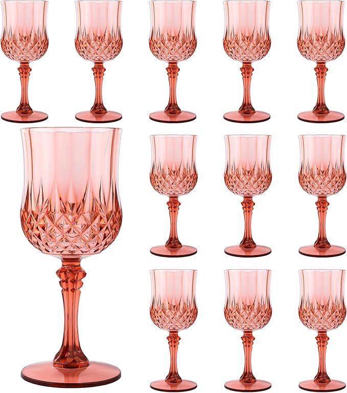 Plastic Wine Glasses,Plastic Goblets Vintage Style Cordial Drinking Glasses for Wedding Reception, Grand Event Party Supplies (12, Rose Gold)