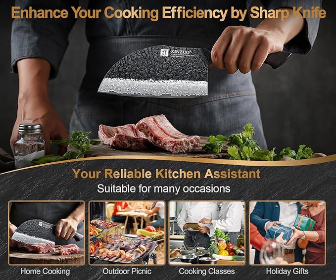 XINZUO 7.3 Inch Hand Forged Butcher Knife With Sheath,67-Layer Damascus Steel With 7Cr17Mov Core Big Knife For Meat Cleaver Cutting Vegetable Cleaver For Kitchen,Camping