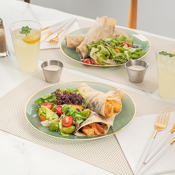 Restaurantware Plastic Plates 100 Pcs 10" Gold Rimmed Disposable Plates Heavy-Duty Green Translucent Rippled Plastic Dinner Servers for Party, Weddings, Salads, Desserts, and Appetizers