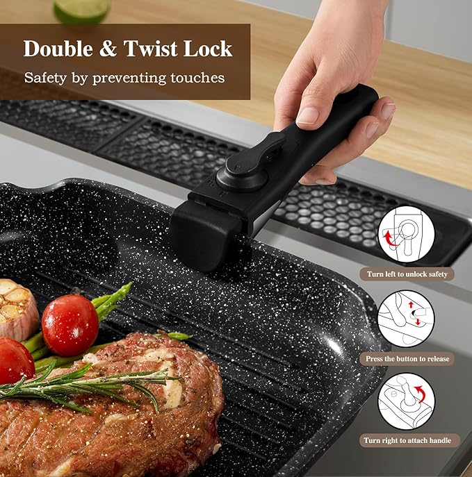 20 Pcs Pots and Pans Set Non Stick, Stackable Cookware Sets with Detachable Handle, Granite Induction RV Kitchen Portable Cooking Set Removable Handles, Dishwasher & Oven Safe, Black