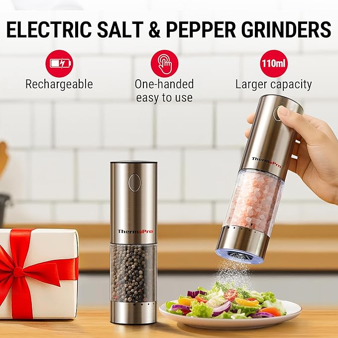 ThermoPro 110ml Electric Salt and Pepper Grinder Set Rechargeable, Automatic Pepper Grinder Shakers with External Adjustment, Refillable Pepper Mill Set with Dust Cover & LED light, Stainless Steel