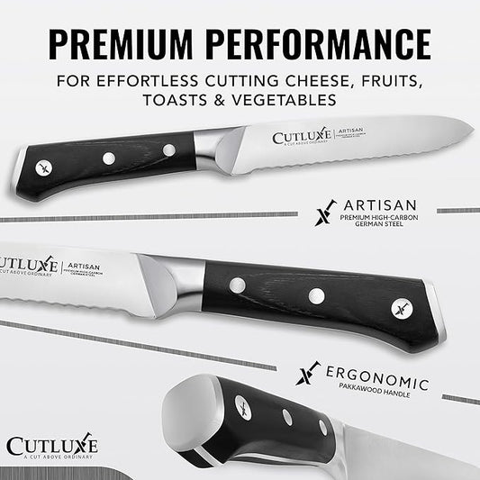 Cutluxe Kitchen Utility Knife – 5" Serrated Ultra Sharp Blade, Ergonomic Handle, Full Tang – Forged High Carbon German Steel – Artisan Series
