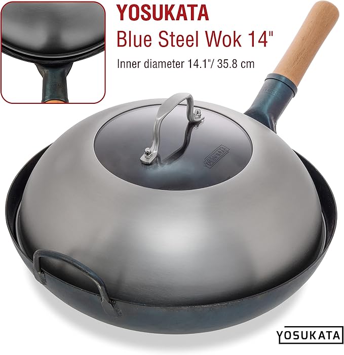 YOSUKATA Wok Lid 13.6 Inch - Premium Stainless Cover with Tempered Glass Insert Steam Holes - Dishwasher-Safe Lid for 14-Inch Wok - Chees Melting Dome for Griddle