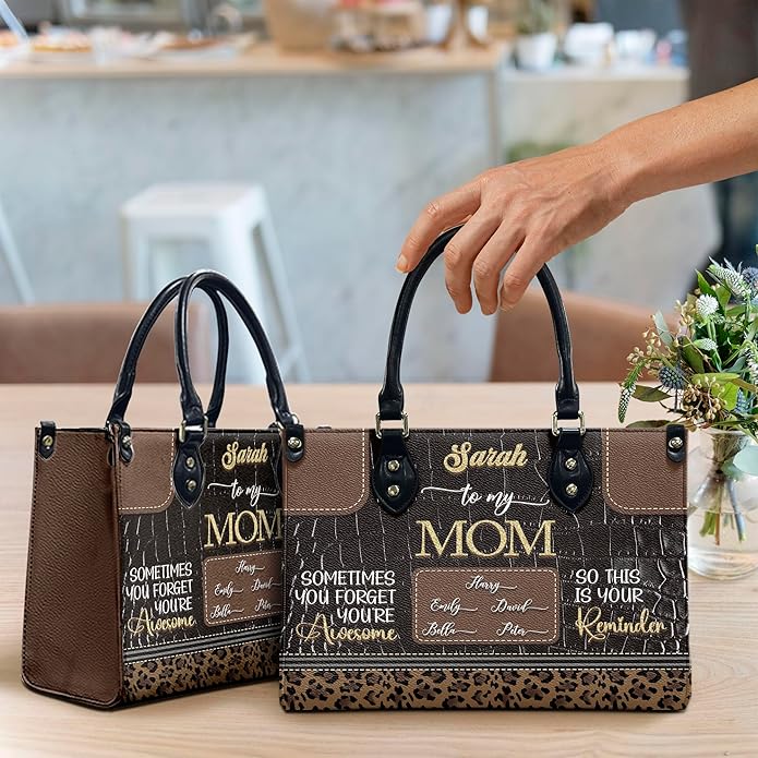 THUYPT Personalized Birth Flower Leather Bag for Mom, Women Faux Leather Handbags with Ziplock, Mother's Day Gifts