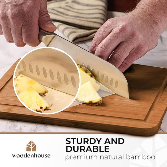 Wood Cutting Boards Set of 3 – Thick & Sturdy Bamboo Cutting Board with Deep Juice Grooves & Build-in Handles, Large Surface, Easy to Clean – for Meat, Vegetables and Fruits