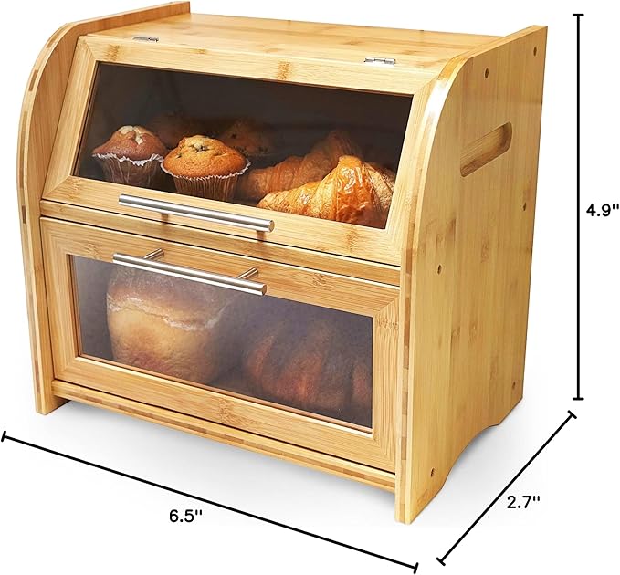 Arise Stylish Bamboo Bread Box for Kitchen Countertop, Extra Large 2-Shelf Wooden Bread Storage Container with Clear Windows and Air Vents Keep Bread, Bagels and Rolls Fresh, Self Assembly