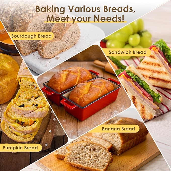 2 in 1 Enameled Cast Iron Loaf Pan with Lid, 9×5 Inch Bread Baking Pans for Homemade Bread, Pre-Seasoned Loaf Pan Bread Pan with Sourdough Bread Baking Supplies (2 PCS)