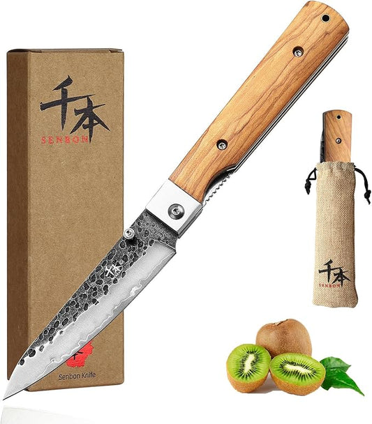 SENBON Forged 440A Stainless Steel sharp pocket folding peeling utility knife Natural Olive Handle Camping trip Outdoor Portable fruit knife