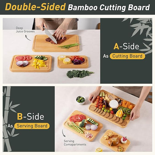 3 Packs Bamboo Cutting Board Set Non Toxic Wood Cutting Boards for Kitchen with Juice Grooves Built-in Handles, Ideal Charcuterie & Chopping for Meat Vegetables Fruits Kitchen Gift for Home Cooks