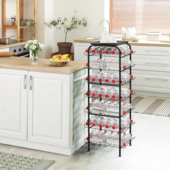 Vrisa Water Bottle Organizer 7 Tier Free Standing Water Bottle Holder Stand with Storage Shelves Beverage Drink Soda Can Rack Dispenser Metal Storage Shelf for Kitchen Pantry Party Office, Black