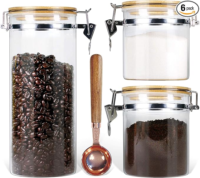 Urban Green Borosilicate Glass Storage Jars with Airtight Locking Clamp Lids, Airtight Canister Set,Coffee Set of 3 with Spoon (50oz, 24oz, 18oz), Storage Containers with Bamboo Lid