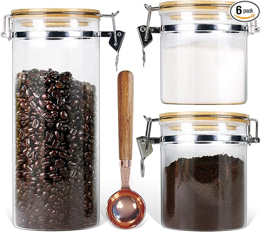 Urban Green Borosilicate Glass Storage Jars with Airtight Locking Clamp Lids, Airtight Canister Set,Coffee Set of 3 with Spoon (50oz, 24oz, 18oz), Storage Containers with Bamboo Lid