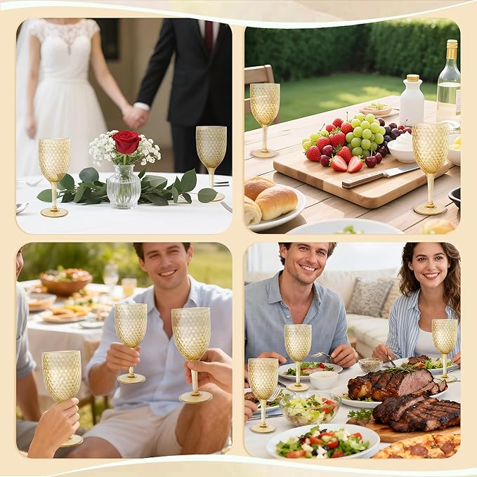 12PCS Gold Plastic Wine Glasses 13oz,Acrylic Goblets Toasting Glassware,Unbreakable Cups Drinking Glasses for Bar Party,Wedding