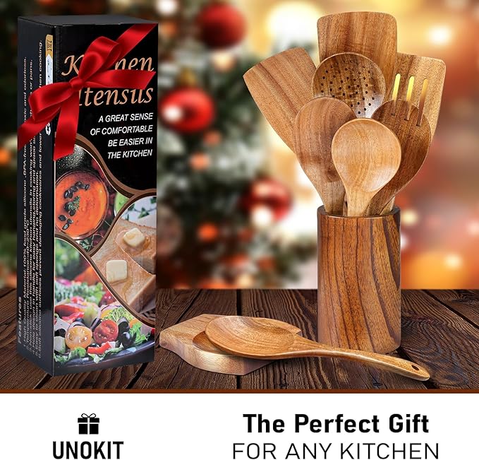 Unokit Cooking Utensils Set for Kitchen - 8 Piece Nonstick Wooden Spoons for Cooking, Comfort Grip Kitchen Utensils Set, Teak Wooden Utensil Set with Holder and Spoon Rest