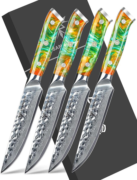 Steak Knives Set of 4, Ultra Sharp Kitchen Steak Knife 5 Inch - Forged Damascus Steel & Resin Handle - Yao Series