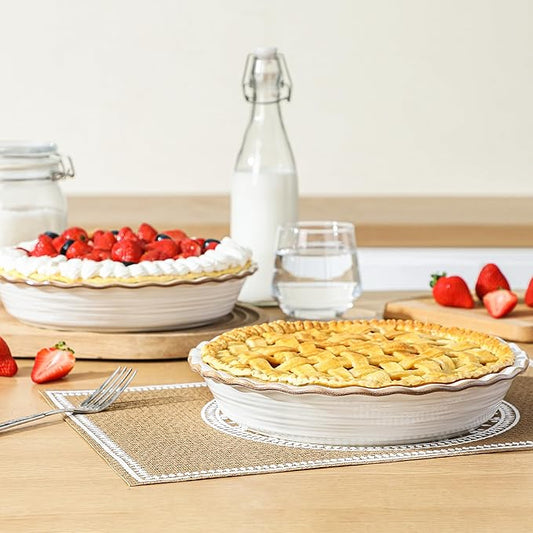 Frewinky Ceramic Pie Pan for Baking, 9 inch Pie Dish with Ruffled Edge, Nonstick Deep Pie Plate, Farmhouse Decor Quiche Tart Baking Dish for Thanksgiving, Microwave & Oven Safe, Set of 2