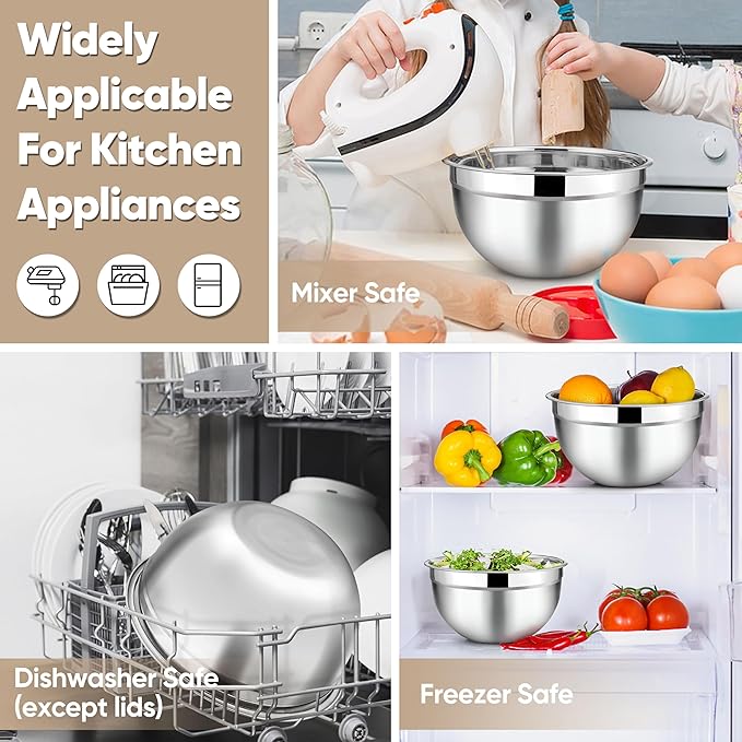 TeamFar Mixing Bowls, 4.5/3/1.5/1/0.7 QT, Stainless Steel Metal Nesting Salad Bowl with Lid Set, Ideal for Mixing Serving, Non-Toxic & Sturdy, Airtight Lid & Easy Clean, Red-Set of 5