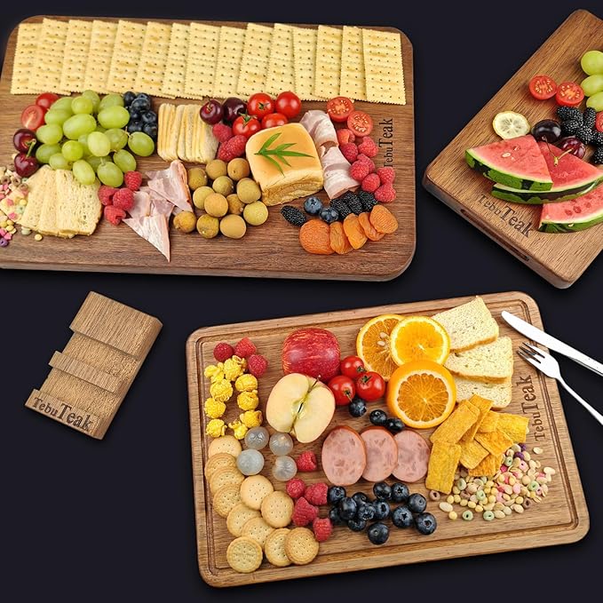 Solid Teak Wood Cutting Board - Single/One Piece Design Wooden Choping Boards Non Glued Knife-Friendly Durable Chopping Block for Kitchen Meat Vegetable Chese 14 x 9.5 IN (Includes Stand)