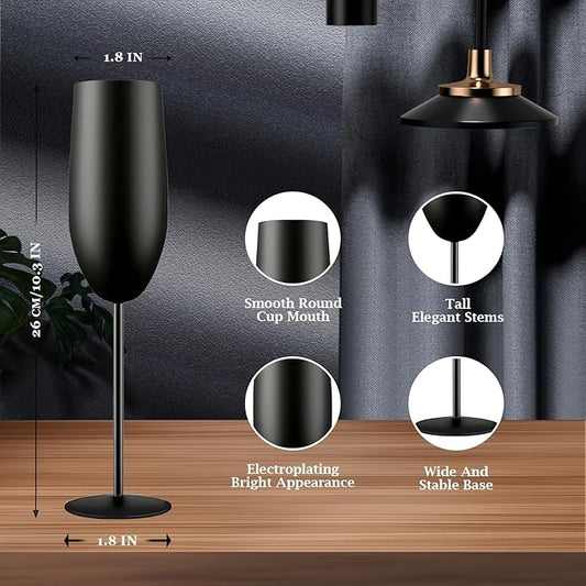 Champagne Glasses Set of 2 Stainless Steel Champagne Flutes Wedding Gifts for Bride 8.5 oz Unbreakable Champagne Glasses for Party Wedding Christmas Anniversary Brithday (Matte-Black)