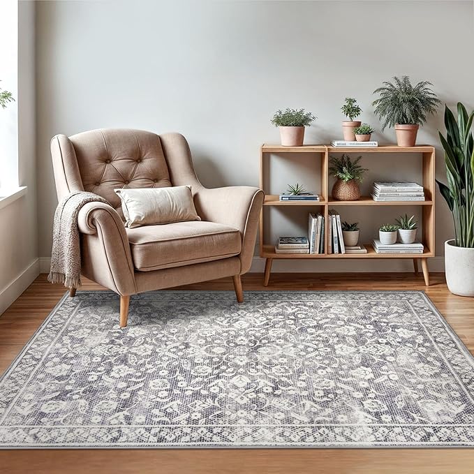 Vintage 3x5 Washable Rug for Entryway, Gray Ivory Super Soft Rug Non-Slip, Printed Faux Wool Floral 3x5 Area Rug Thin Floor Carpet for Kitchen, Bedroom, Office, Living Room