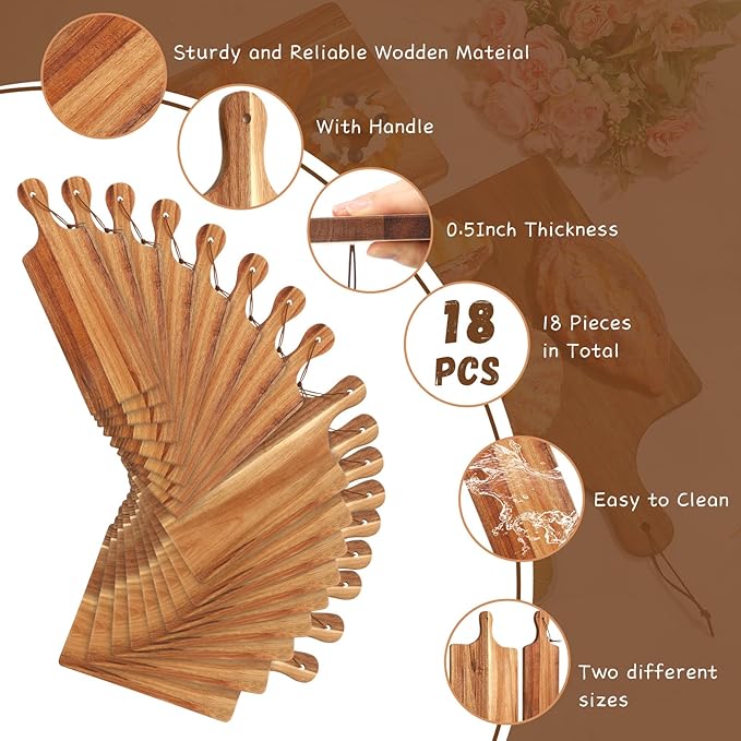 Tanlade 18 Pcs Wood Cutting Board Set Cutting Board with Handle Chopping Serving Board Butcher Cutting Block for Valentines Mother's Day Wedding Housewarming Gift, 16'' x 10'', 16'' x 5'' (Acacia)