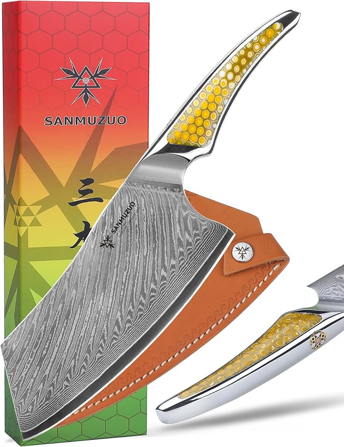 7 inch Nakiri Knife, Japanese VG-10 Damascus Steel Meat Cleaver, Ultra Sharp Vegetable Knife with Full-tang Handle in Yellow Resin, LA-S9 Series