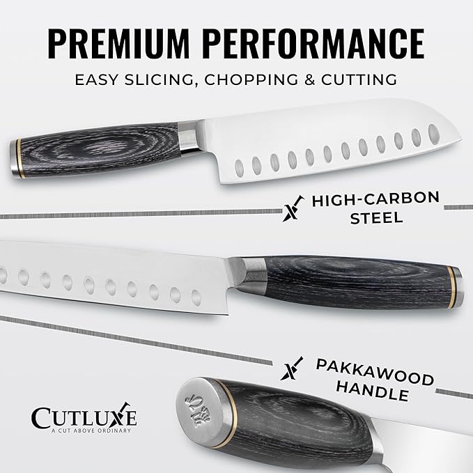 Cutluxe Santoku Knife – Ultra Sharp 5 Inch Vegetable Japanese Knife for Chopping, High Carbon Stainless Steel Blade, Full Tang Pakkawood Handle – Shinobi Series
