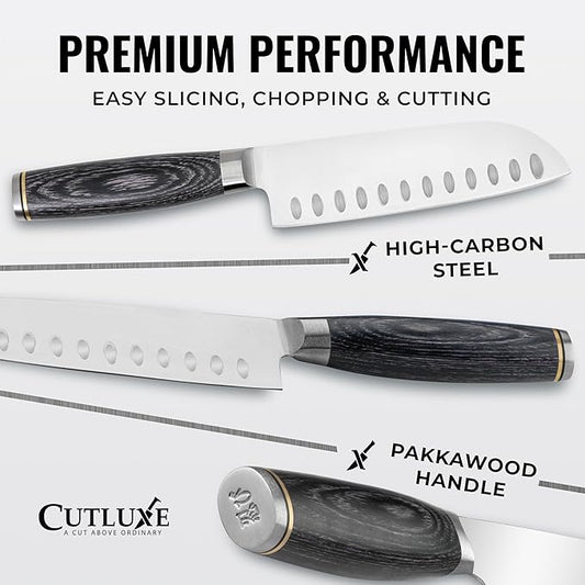 Cutluxe Santoku Knife – Ultra Sharp 5 Inch Vegetable Japanese Knife for Chopping, High Carbon Stainless Steel Blade, Full Tang Pakkawood Handle – Shinobi Series