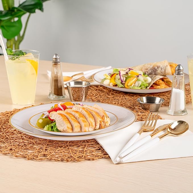 Restaurantware Plastic Plates 40 Pcs 7.13" and 10" Combo Gold Rimmed Plate Set Disposable Heavy-Duty White Translucent Rippled Plastic Dinner Servers for Party, Weddings, Salads, Desserts