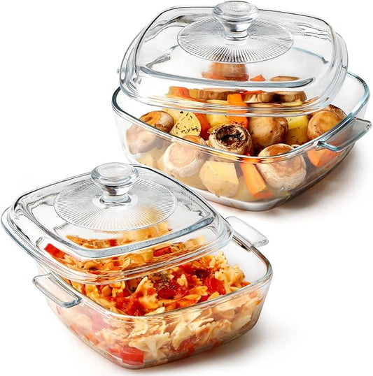 NUTRIUPS Mini Glass Casserole Dish with Lid Oven Safe Square Casserole Dish Set 2 Pack (5.9in+6.8in) Microwave Bowl With Glass Lid (0.8L+1.2L)
