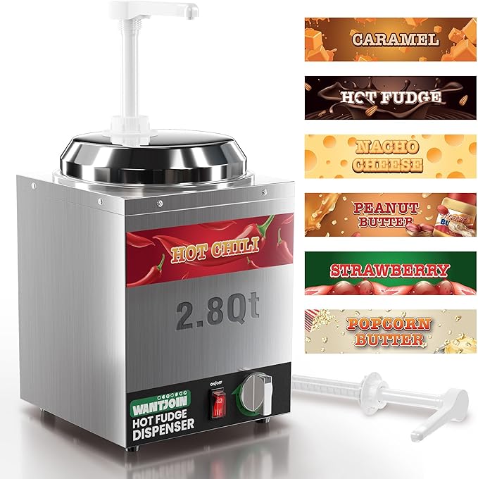 WantJoin 2.8Qt Nacho Cheese Dispenser with Pump - Nacho Cheese Warmer,Stainless Steel Hot Fudge Warmer W/5-Level Temperature Adjustment,Commercial Hot Fudge Dispenser for Caramel