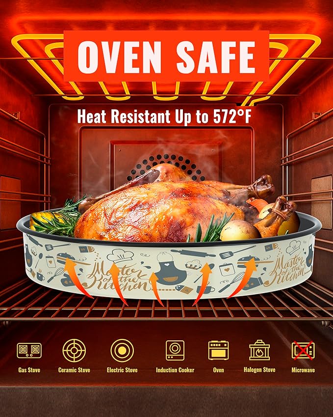 Enamel Round Baking Pans Set Roasting Dish 4-Pack 9/10/12/14 Inch Non Stick Large Cookware for Cake Bread Pie Pizza Turkey Steak, Non-Toxic Carbon Steel Oven Dishwasher Safe Thanksgiving Bakeware