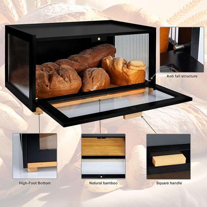 MinBoo Bamboo Bread Box for Kitchen Counter,Large Bread Storage Container with Arcylic Transparent Door, Bamboo Wooden Farmhouse Bread Box for Kitchen