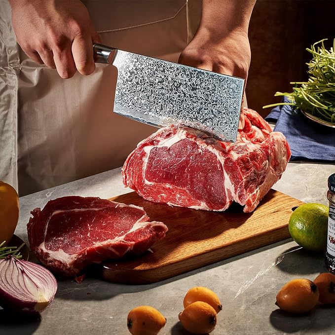 SENKEN 7-Piece Damascus Kitchen Knife Set - Dynasty Collection - 67-Layer Japanese VG10 Steel with Sycamore Wood Handles, Chef's Knife, Cleaver, Bread, Santoku, Boning, & More