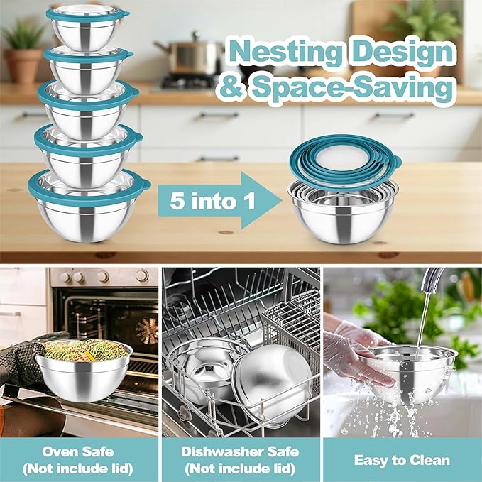 TeamFar Mixing Bowls Set, 4.5/3/1.5/1/0.7 QT Stainless Steel Nesting Salad Bowls with Visible Lids, For Serving Mixing, Non-Toxic & Heavy Duty, Airtight & Easy Clean, Dark Blue, Set of 5