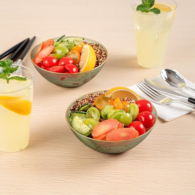 Restaurantware Plastic Bowls 20 Pcs 16 oz Gold Rimmed Disposable Soup Bowls Heavy-Duty Green Translucent Rippled Dinnerware Containers for Party, Desserts, Salads, Snacks, and Catering