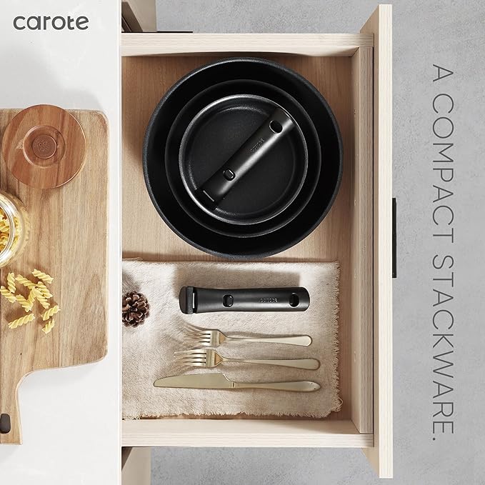 CAROTE 19Pcs Pots and Pans Set Non Stick, Cookware Set Detachable Handle, Nonstick Induction Kitchen Sets Non Stick with Removable Handle, RV Cook Ware, Oven Safe, Black
