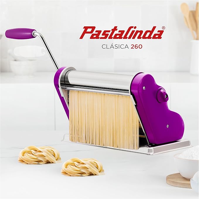 PASTALINDA Classic 260 Pasta Maker Machine, 26 cm Wide Rollers, 9 Thickness Positions, 2 Cutting Positions, Stainless Steel. Includes Reinforced Hand Crank And Two Clamps (Violet)