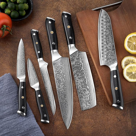 SENKEN 6-Piece Damascus Steel Kitchen Knife Set - Shogun Collection - 67-Layer Japanese VG10 Steel - Chef's Knife, Cleaver Knife, & More, Extremely Sharp Blades for Effortless Cutting, Luxury Gift Box