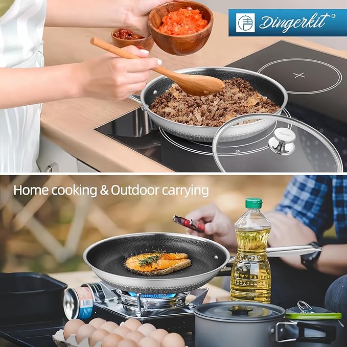 Non Stick Frying Pans, Stainless Steel Nonstick Fry pan with Honeycomb for Kitchen Cooking - 11” Skillet with Lid for Cookware - Works with Induction Cooktop Ceramic and Gas.