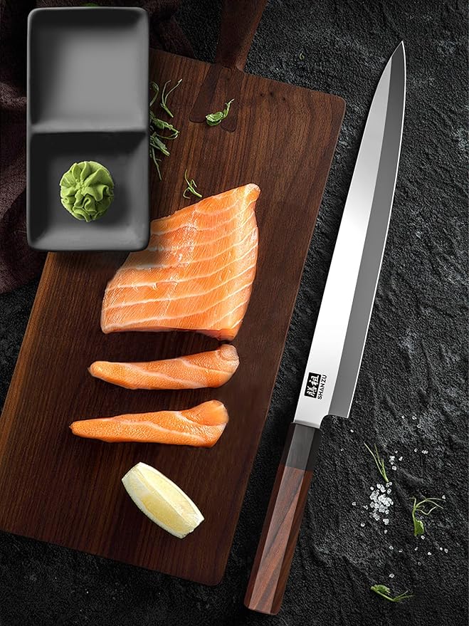 SHAN ZU 10 Inch Sushi Knife, High Carbon Japanese Steel Sashimi Knife, Japanese Knives for Fish Filleting & Slicing, Sushi Making Knives with Red Sandalwood Handle