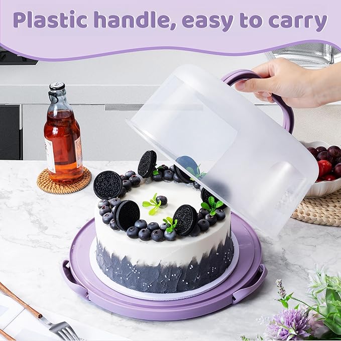 10in Plastic Cake Carrier with Handle, Round Cake Holder with Lid Pink Cake Container for 6in/8in/10in Cake(purple)