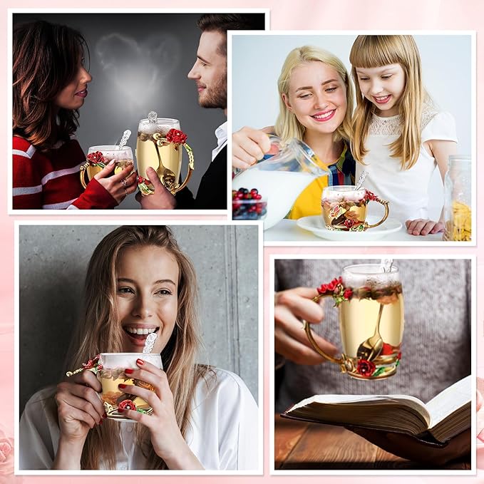 Nuanchu 4 Sets Flower Glass Tea Cups with Lids and Spoon Butterfly Vintage Glass Coffee Mugs Floral Fancy Clear Teacup for Christmas Women Mom Wife Girlfriend(Red,11 Oz,12 oz)