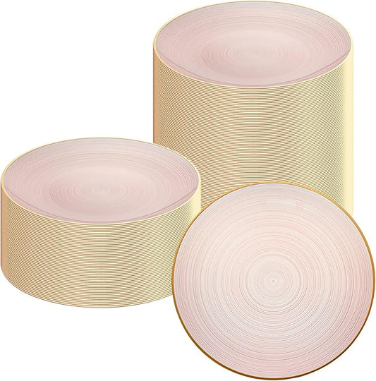 Restaurantware Plastic Plates 100 Pcs 10" Gold Rimmed Disposable Plates Heavy-Duty Pink Translucent Rippled Plastic Dinner Servers for Party, Weddings, Salads, Desserts, and Appetizers