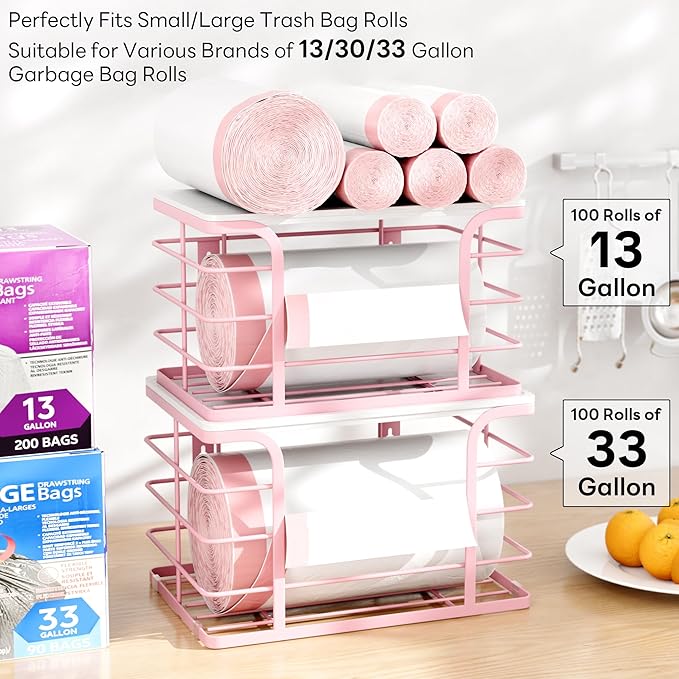 2 Pack Extra Large Stackable Pantry Storage with Bamboo Top,Wall Mount Trash Bag Dispenser Roll Holder for Kitchen Pantry Laundry Room,Pink