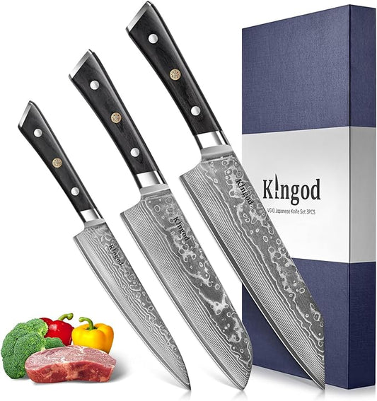 KINGOD 3 PCS Damascus Kitchen Knife Set, Japanese Steel VG10 Core High Carbon Professional Ultra-Sharp Chef Knife Set with Rosewood Handle Gift Box