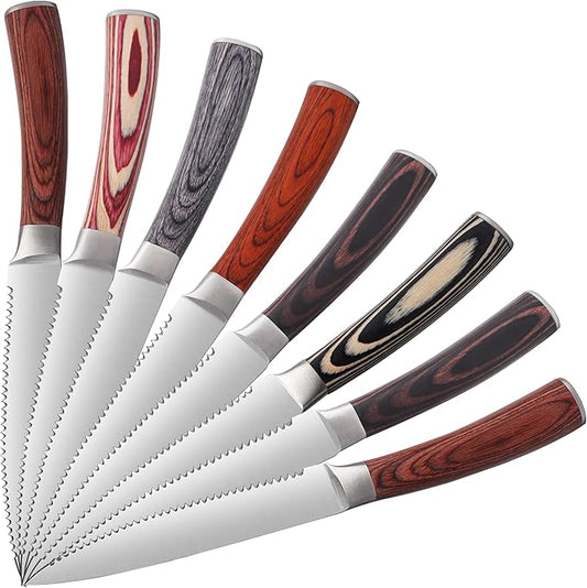 Serrated Steak Knives Set of 8, Stainless Steel Steak Knife Set with Pakkawood Handle, Fine Sharp Edge Dinner Knife with Gift Box, Steak Cutlery Set for Home Party