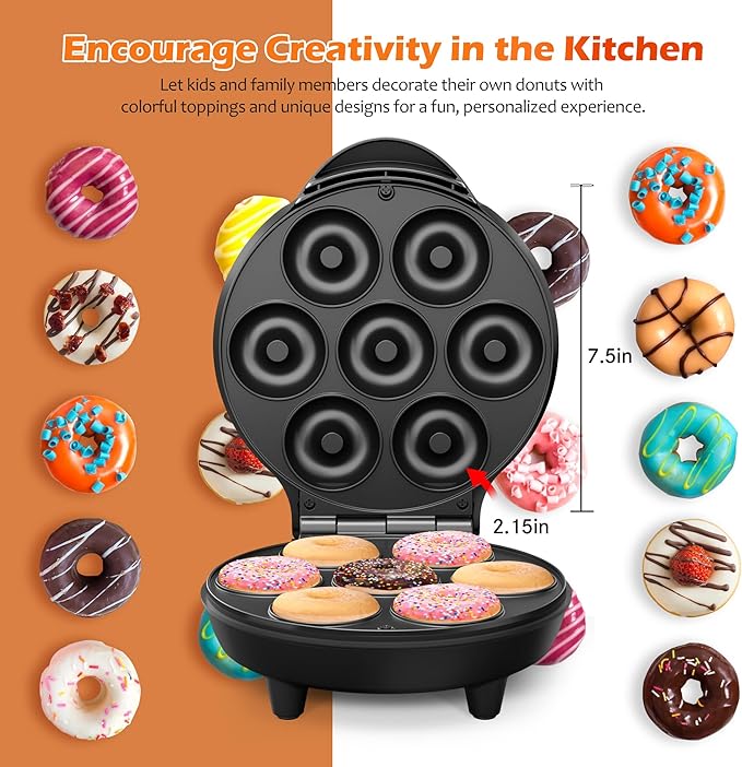 Mini Donut Waffle Cake Maker, 7 Slots Home Baking Machine, Great for Breakfast, Snacks, Desserts and More